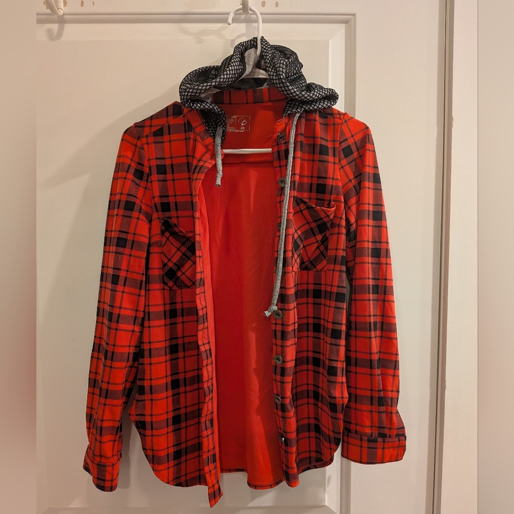 Celestial Bodiez Red Plaid Button Shirt with Black Hood